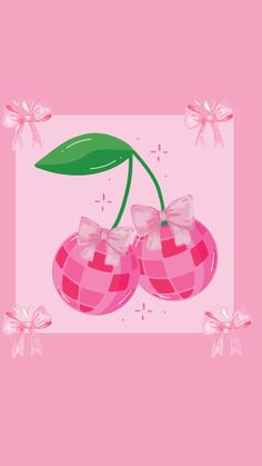 two pink cherries with bows and a green leaf on the top, against a pink background