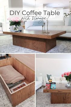 the diy coffee table with storage is shown in three different pictures and has flowers on it