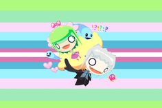 two anime characters are holding each other in front of a colorful striped background with pink, blue and green stripes