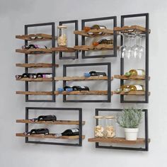 the wine rack is made out of wood and metal