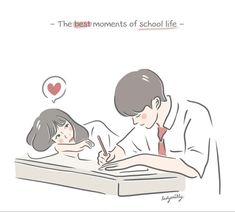 a man and woman sitting at a desk writing in front of a notebook with the words, the best moments of school life