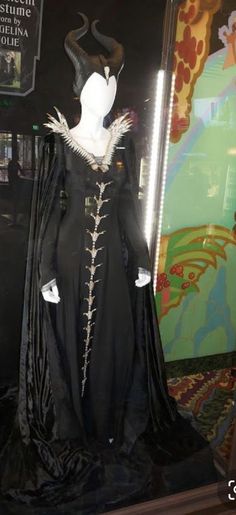 a black and white costume on display in a glass case