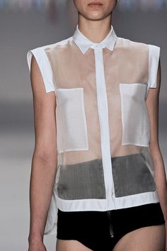 Transparency - sheer shirt with modesty panels; see-through fashion details // Ellus 2nd Floor SS14 Black And White Outfit, Patch Panel, Daily Fashion Inspiration, Transparent Fashion, Sheer Shirt, White Shirts, White Fashion, White Fabric, Fashion Details