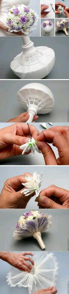 four different shots of flowers being made from paper