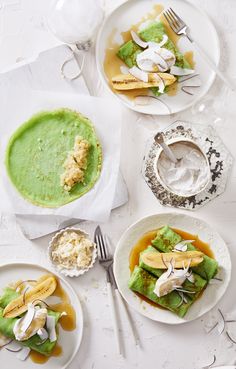 three plates with different foods on them, one has green sauce and the other has mushrooms