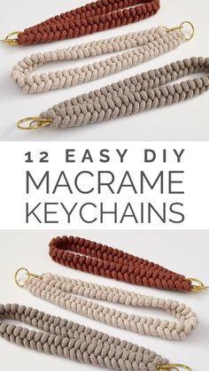 crocheted macrame keychains with text overlay that reads, 12 easy diy macrame key chains