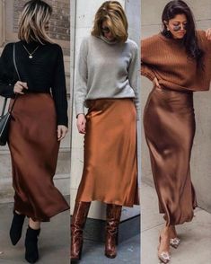 Satin Skirt Outfit, Silk Skirts, Skirts Ideas, Rok Outfit, Stylish Fall Outfits, Winter Pins, Trendy Fall Outfits, Autumn Outfits, Satin Skirt