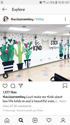 an instagramted photo of a classroom with cactus painted on the wall