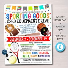 this is an image of a poster for sports themed school goods used equipment drive