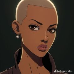 an animated image of a woman with short hair and piercings on her ears, looking at the camera