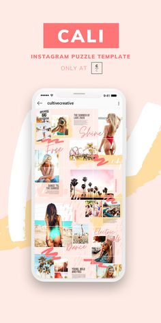 the cali instagramr puzzle is displayed on an iphone screen with pink and yellow background