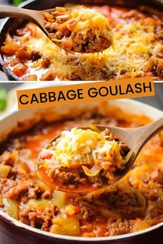 two pictures showing the different stages of making cabbage goulash in a skillet