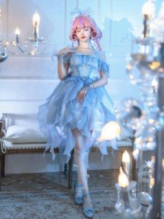 [$54.75]Blue Fairycore Corset Dress Boned Waist Cascading Ruffle Trim Skirt Fairycore Corset, Jellyfish Dress, Fairycore Dress, Adopt Idea, Blue Jellyfish, Blue Corset, Jumper Skirt, Girls Series, Vintage Floral Print