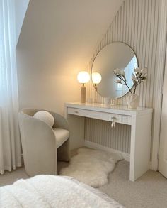 a bedroom with a chair, mirror and desk in it