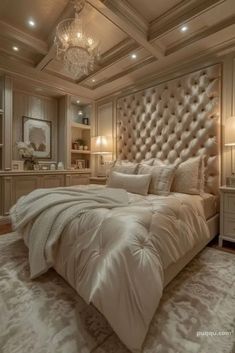 a large bed sitting in the middle of a bedroom next to a chandelier