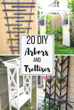 several diy arbors and trelliss made out of old ladders are featured in this collage