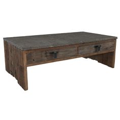 an old wooden table with two drawers on one side and metal handles on the other