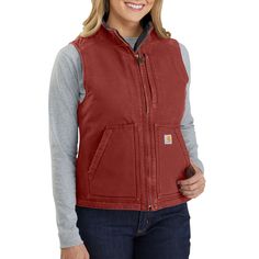 12-ounce 100% cotton washed duck - Sherpa lining - Zipper-secured chest map pocket - Two lower-front pockets - Two interior pockets - Droptail adds coverage - Triple-stitched main seams - Back length: 25 inches - Replaces WV001 Carhartt Vest, Womens Sherpa, Vest Womens, Carhartt Womens, Taupe Grey, Carhartt Women, Womens Fleece, Carhartt Mens, Sherpa Lined