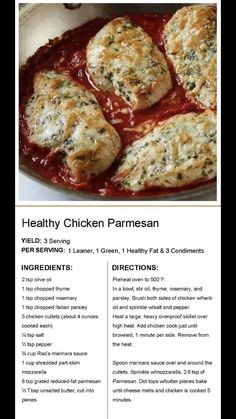 the recipe for healthy chicken parmesan is shown in this page, with instructions to make