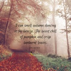 a path in the woods with leaves on it and an inspirational quote about autumn dancing