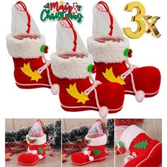 three christmas stockings with santa hats on them