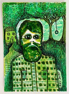 a drawing of a man with green hair and beard in front of a cityscape