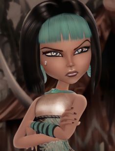 a cartoon girl with green hair and blue eyes is standing in front of an artistic background