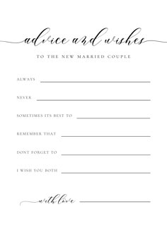 a wedding advice card with the words advice and wishes to the newly married couple