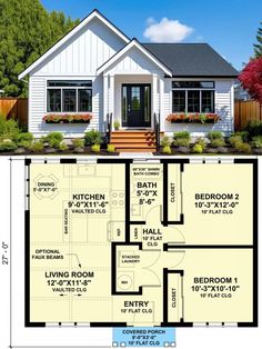 the floor plan for a two story house with an attached porch and covered front porch