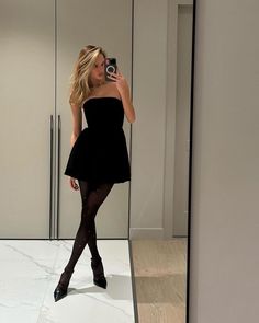 Formal Dress Aesthetic Short, Short Black Dress Heels, Little Black Dress And Tights, Black Short Dress With Tights, Elegant Birthday Party Outfit, Black Dresses Classy Short, Black Mini Dress And Tights, Dresses With Tights And Heels, Mini Black Dress With Tights