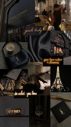 a collage of photos with the eiffel tower at night and gold lettering