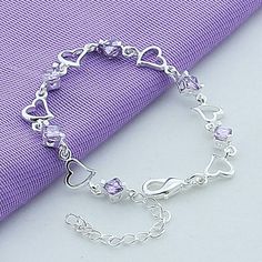 Product Description Material: 925 Sterling Silver Color: silver Bracelet: 8 inches Weight: 30 grams Heart Purple, Zircon Bracelet, Pretty Jewelry Necklaces, Wholesale Silver Jewelry, Fancy Jewelry, Crystal Charm, Girly Jewelry, Dream Jewelry, Bracelet For Women