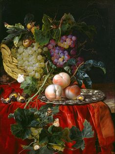 a painting of fruit and flowers on a table