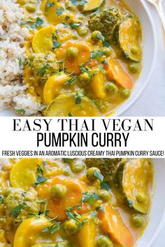 easy thai pumpkin curry recipe on a white plate with rice and broccoli in the background