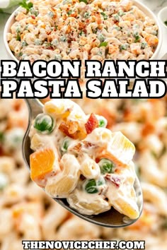 bacon ranch pasta salad on a spoon with the title above it