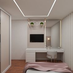 a bedroom with a bed, desk and television on the wall next to a closet