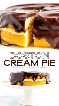 boston cream pie on a white cake plate