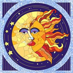 the sun and moon are depicted in this stained glass mosaic art piece, which is on display at the museum