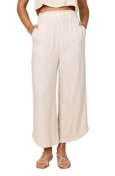 Easy and polished, these elastic-waist pants are crafted from lightweight linen with flowy wide legs. Elastic waist Side pockets Unlined 100% linen Hand wash, dry flat Imported Vacation Linen Bottoms In Neutral Color, Neutral Linen Bottoms For Vacation, Neutral Linen Beach Bottoms, Chic Linen Bottoms With Elastic Waistband, Chic Relaxed Fit Flax Bottoms, Chic Neutral Wide Leg Linen Pants, Neutral Linen Loungewear Bottoms, Spring Neutral Linen Wide Leg Pants, Casual Neutral Linen Wide Leg Pants