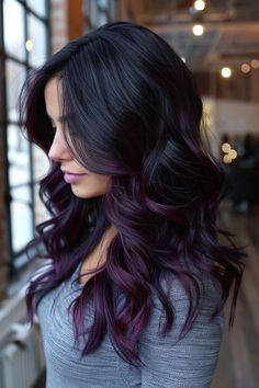 11. Plum and Black Cherry Waves - Black Cherry Hair Color Ideas - Black Cherry Hair Color Ideas Dark Purple And Black Hair, Dark Purple Ombre Hair, Black To Purple Ombre Hair, Cherry Coke Hair Color Brown, Dark Purple Balayage, Eggplant Purple Hair, Purple Halo Hair, Magenta Balayage, Purple Hair Ombre