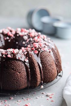 a bundt cake with chocolate frosting and candy canes on the top is ready to be eaten