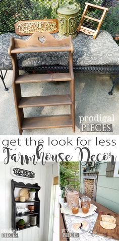 an outdoor table with some items on it and the words, get the look for less farmhouse