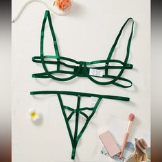 Gorgeous Dark Green Lingerie Set, Strappy Style With Cut Out/Hollow Cup And Strappy Bottoms. Show Stopper For Anniversary, Special Occasion, Festival Wear, Valentines, New Years. In Original Packaging. Green Lingerie, Pusheen, Festival Wear, Lingerie Set, Women's Intimates, Dark Green, Special Occasion, Cut Out, Valentines