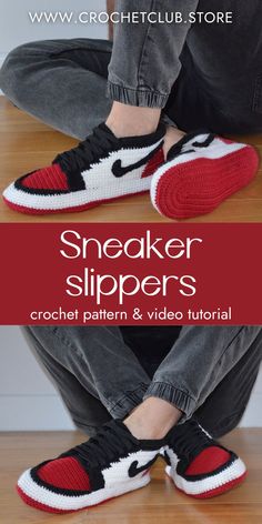 a person sitting on the floor with their feet up and wearing sneakers that are crocheted