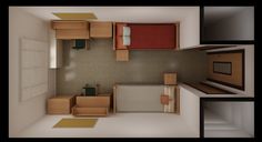 an overhead view of a small bedroom and living room in a tiny apartment with furniture