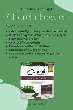 Everyone could benefit from more energy and some heavy metal detox right? The answer is (mostly) always yes. If you’re looking to add an energizing boost to your day and help your body rid itself of heavy metals like lead and mercury, all while promoting healthy, glowing skin, chlorella might be what you’re looking for Chlorophyll Powder, Benefits Of Chlorella, Pediatric Dental Office Decor, Chlorella Benefits, Vitamin Foods, Metal Health, Diy Masks, Heavy Metal Detox, Cleansing Powder