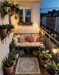 a balcony with potted plants and lights on the windowsill, along with an area rug