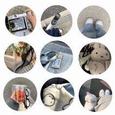 many different pictures of people holding their cell phones and wearing slippers with animals on them