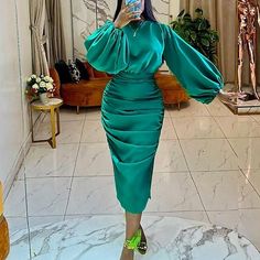 Socialite Style, Green Long Sleeve Dress, Midi Dress Elegant, Emerald Green Dresses, Dresses Bodycon, Green Dresses, Lantern Sleeve Dress, فستان سهرة, Cocktail Evening Dresses