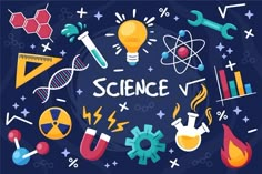 science icons are arranged in a circle on a blue background with stars and other objects